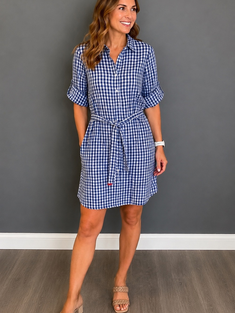 J McLaughlin Blue and White Buttoned Shirt Dress with Cuffed 3/4 Sleeves - Picture 1 of 5